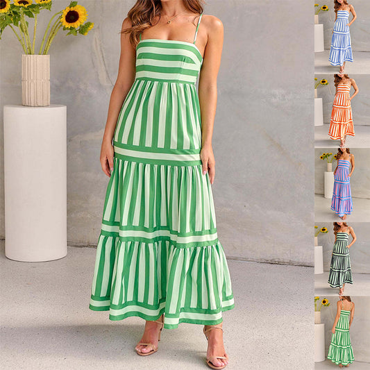 Robe longue d'été à rayures imprimées, bretelles et poches, col carré, dos nu