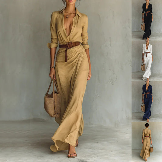 Robe longue asymétrique avec ceinture, élégante robe chemise à manches longues et revers boutonnés